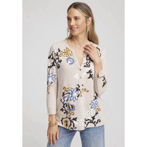 Chico’s Paisley Cotton-Slub Splitneck Henley Size 3 (16/18-XL) Floral 3/4th
